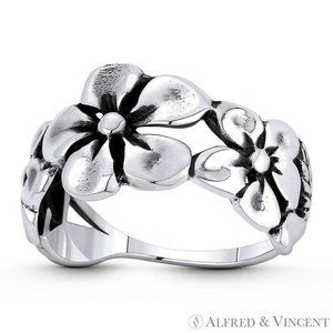 Daisy Flower, Vine, & Leaf Charm Boho Ring in .925 Sterling Silver - Size 5